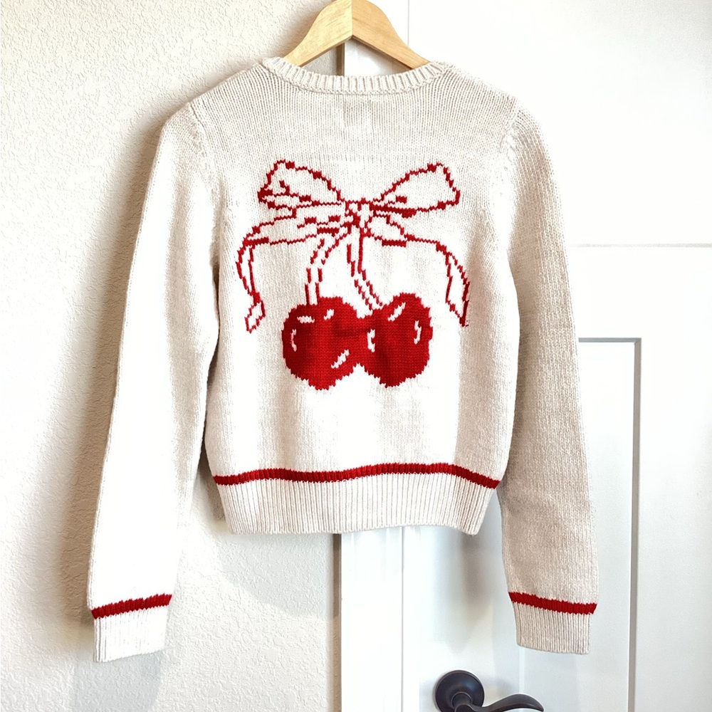🍒Anthropologie Cherry Sweater Maeve Icon Cardigan New Small Fruit Ivory Red - Picture 4 of 15